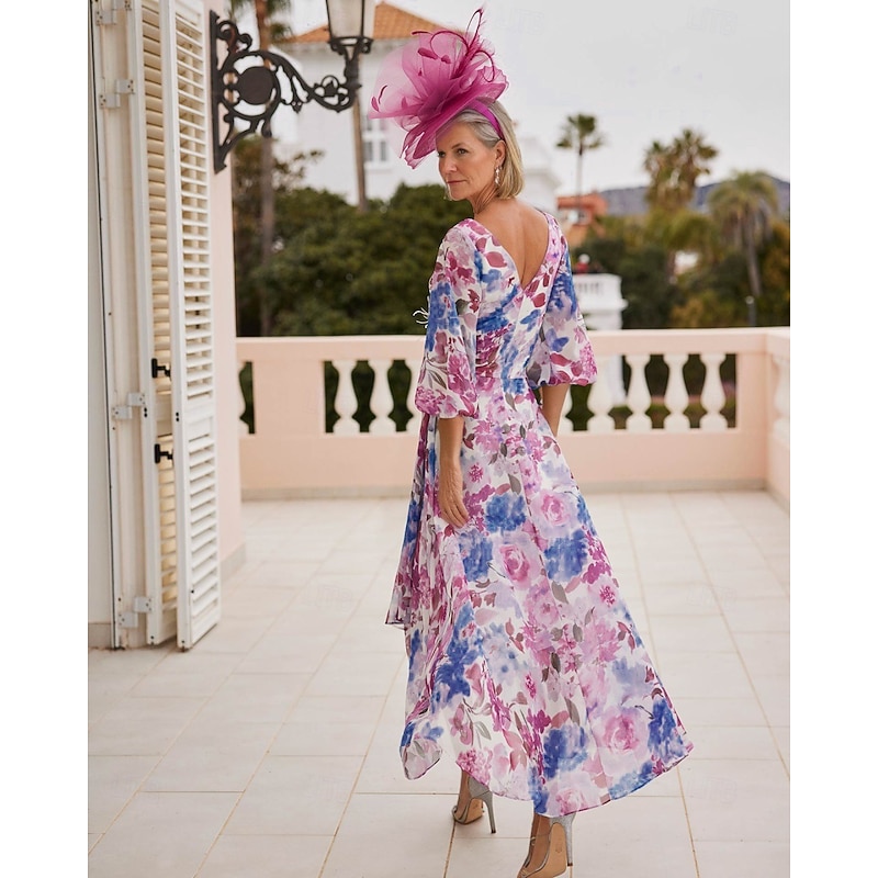 Floral Dress Mother of the Bride Dress Elegant Vintage V Neck Asymmetrical Chiffon 3/4 Length Sleeve with Lace Appliques Flower Race Day Dress Wedding Guest Dress2