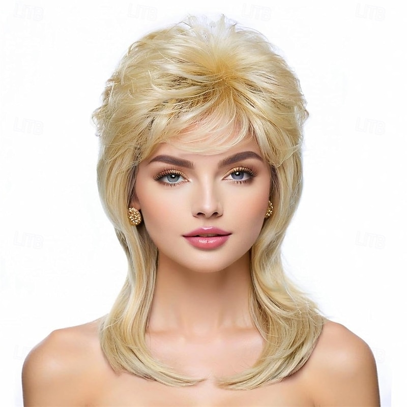 Mullet Wigs for Women Curly Synthetic Heat Resistant Shoulder Length Hair 80s Rocker Cosplay Wigs (Blonde Mixed Black) Halloween Wigs