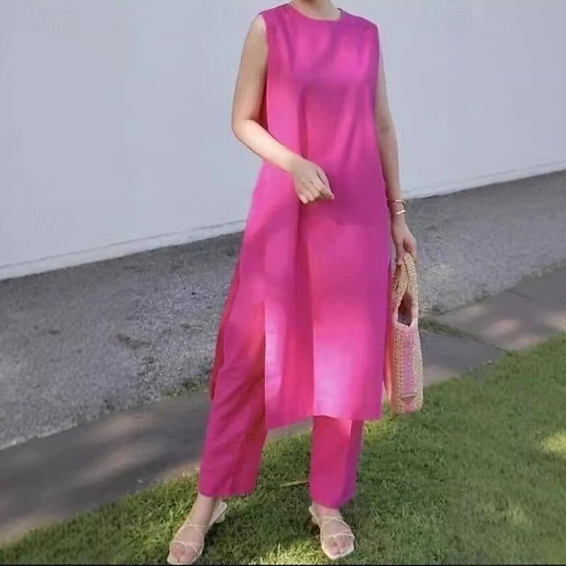 Women's Fashion Streetwear Cotton Linen Sets Pants Sets Short Sleeve Crew Neck Plain Daily Wear Date Pink Blue Green Summer Regular Fit2