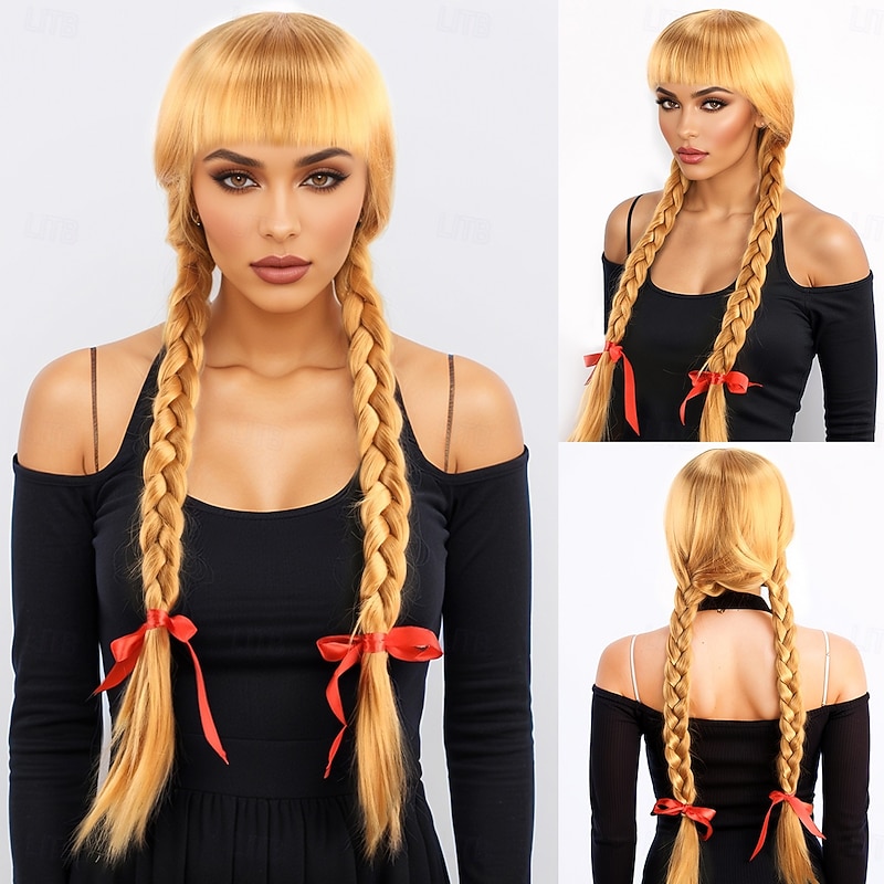 Synthetic Wig kinky Straight Yaki Straight Layered Haircut With Bangs Machine Made Wig 28 inch A1 Synthetic Hair Women's Party Classic New Arrival Brown