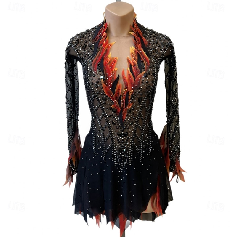 Figure Skating Dress Women's Girls' Ice Skating Dress Black Red Patchwork Open Back Mesh High Elasticity Training Competition Skating Wear Classic Crystal / Rhinestone Long Sleeve Ice Skating Figure