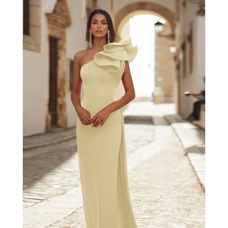 Red Black Column Evening Gown Elegant Dress Formal Wedding Guest Floor Length Sleeveless One Shoulder Detachable Stretch Crepe with Shawl4