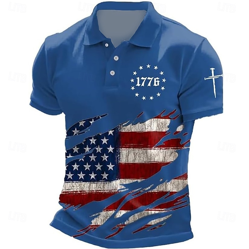 American Independence Day Men's American US Flag Polo Short Sleeve Polo Shirts Collared Shirts Casual Outdoor Daily Wear 3D Print Summer Black White Blue2