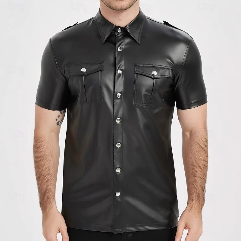 Men's Faux Leather Shirt Shiny Short Sleeve Clubwear for Pride Parade, Festival, Drag, Leather Party & Nightclub Fashion4
