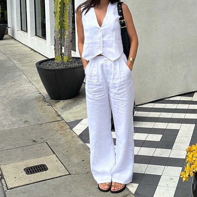 Women's Active Fashion Blouse Pants Sets Sleeveless V Neck Solid Color Dubbele Rij Knopen Daily Casual Daily Black White Pink Summer Regular Fit