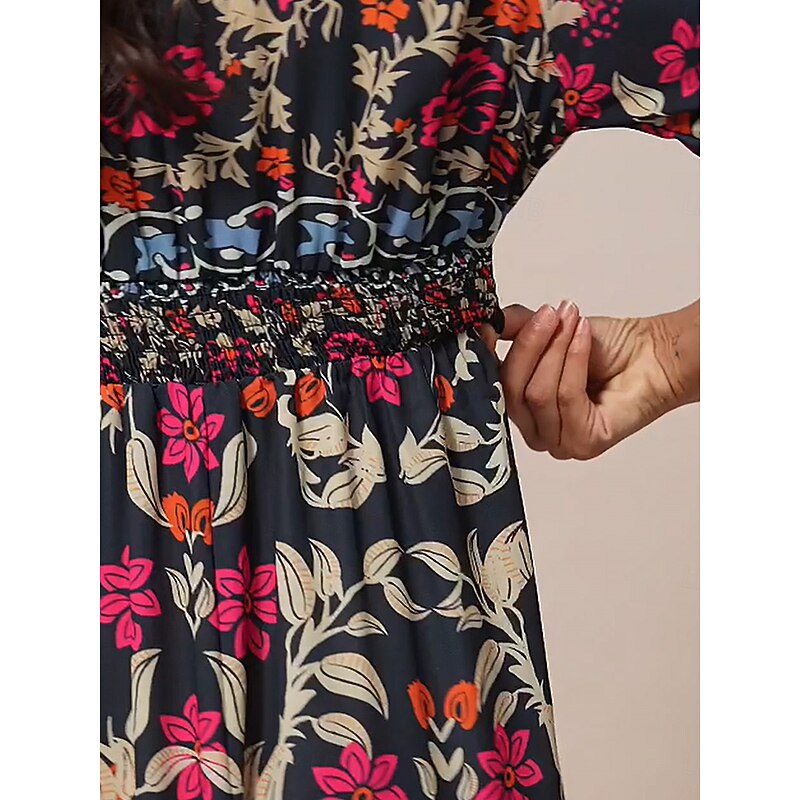 Women's Bohemian Maxi Dress V-Neck Long Sleeve Floral Belted Front Slit Navy Blue Pink Light Background Spring Summer Beach Party Casual Feminine Full Sizes3