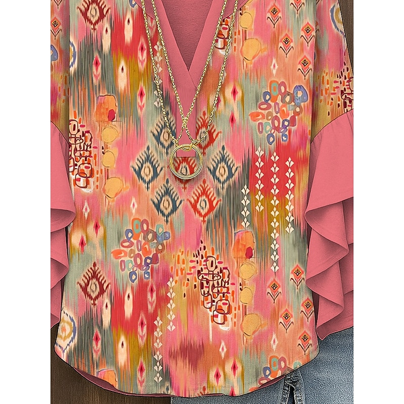 Women's Retro Blouse Layered Ruffle Sleeve Tops Vintage Graphic Geometric Bohemia Vintage Daily 3/4 Length Sleeve Regular Tops Daily Holiday Vacation Wear Print Yellow Pink Blue Purple Green3