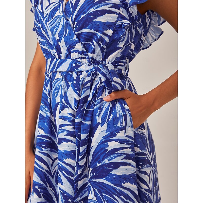 Petite Leaf Print Drawstring Rufle Sleeve Midi Dress2