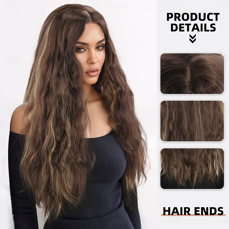 Womens Synthetic Wig Wavy Micro Locs Layered Haircut with Bangs Machine Made 28 inch A1 Gradient Brown Synthetic Hair Classic Comfortable2