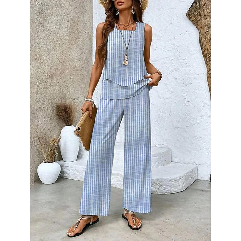 Women's 2 Pieces Fashion Streetwear Daily Camis Pants Sets Sleeveless Square Neck Graphic Striped Print Outdoor Casual Daily White Red Blue Summer Loose Fit