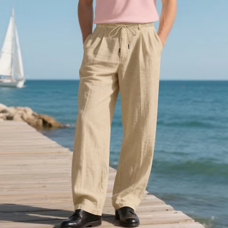 Men's Linen Pants Trousers Summer Pants Baggy Pants Beach Pants Drawstring Elastic Waist Straight Leg Plain Comfort Breathable Full Length Outdoor Daily Holiday Vacation Classic Style Black White