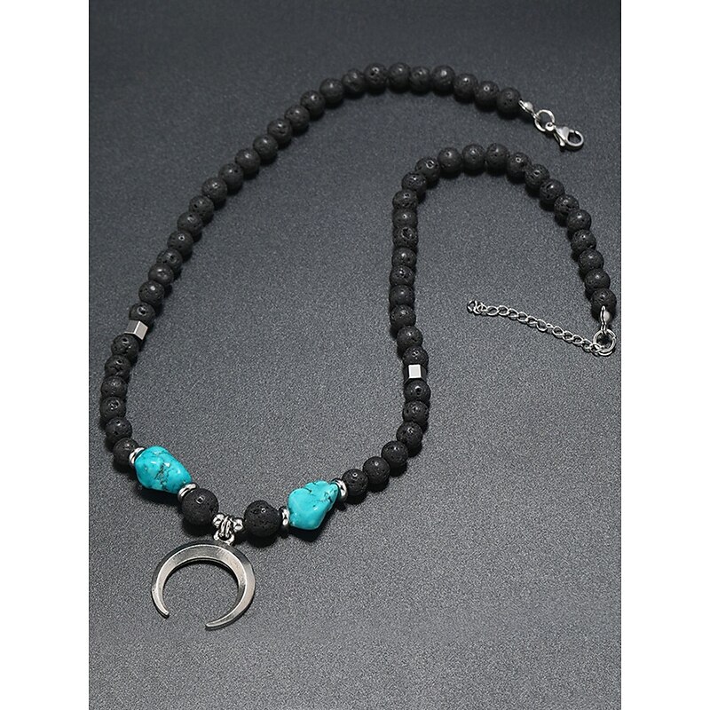 Men's Lava Rock Beaded Necklace with Turquoise and Crescent Moon Pendant - Boho Style, Adjustable Length, Unisex for Casual Wear, Outdoor and Daily Use4
