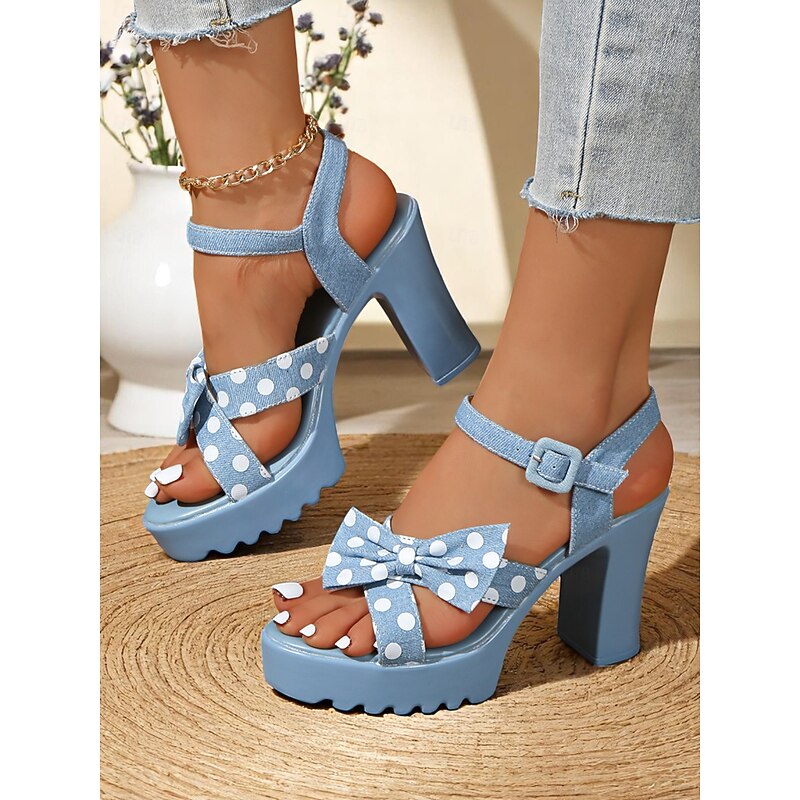 Women's Light Blue Polka Dot High Heel Sandals with Bows  Retro Chunky Platform Summer Shoes for Parties, Dates, and Vacation Outfits2
