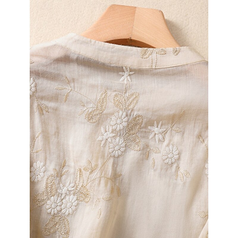 Women's Cotton Linen Shirts Floral Vintage Casual Long Sleeve High Neck Regular Tops Daily Embroidered Buttons Red Purple Green Apricot Summer4