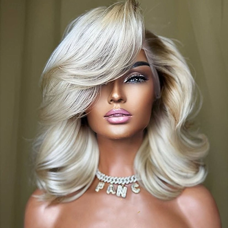 Ombre Ash Blonde Remy Human Hair 5x5 Closure Wigs Short Bob 13x4 Lace Front Wig  Brazilian Hair Wavy  Hair Natural Hairline 100% Virgin Glueless Human Hair Wigs Pre-Plucked For Women