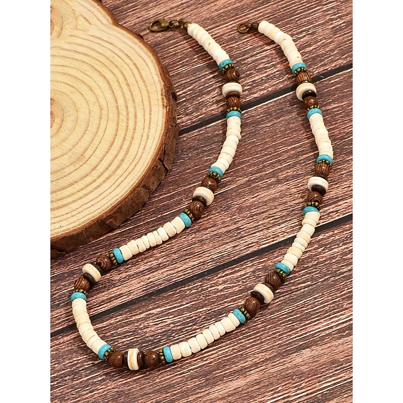 Men's Natural Beaded Necklace with Wood and Turquoise Accents – Bohemian Surf Style Jewelry for Casual Outfits, Summer Festivals and Beachwear3