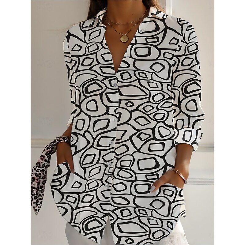 Women's Cotton Linen Shirts Geometric Daily Casual 3/4 Length Sleeve Shirt Collar Regular Tops Daily Holiday Buttons Print Black White Brown Green Summer4