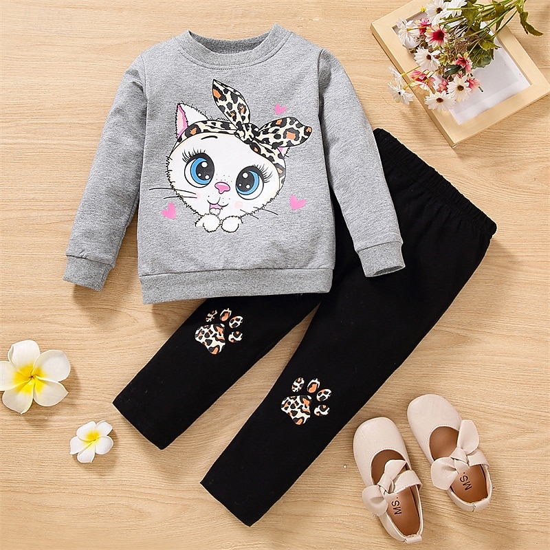 2 Pieces Kids Girls' Cat Crewneck Sweatshirt & Sweatpants Set Set Long Sleeve Fashion Outdoor 4 years+ Spring Deep Pink Pink Purple