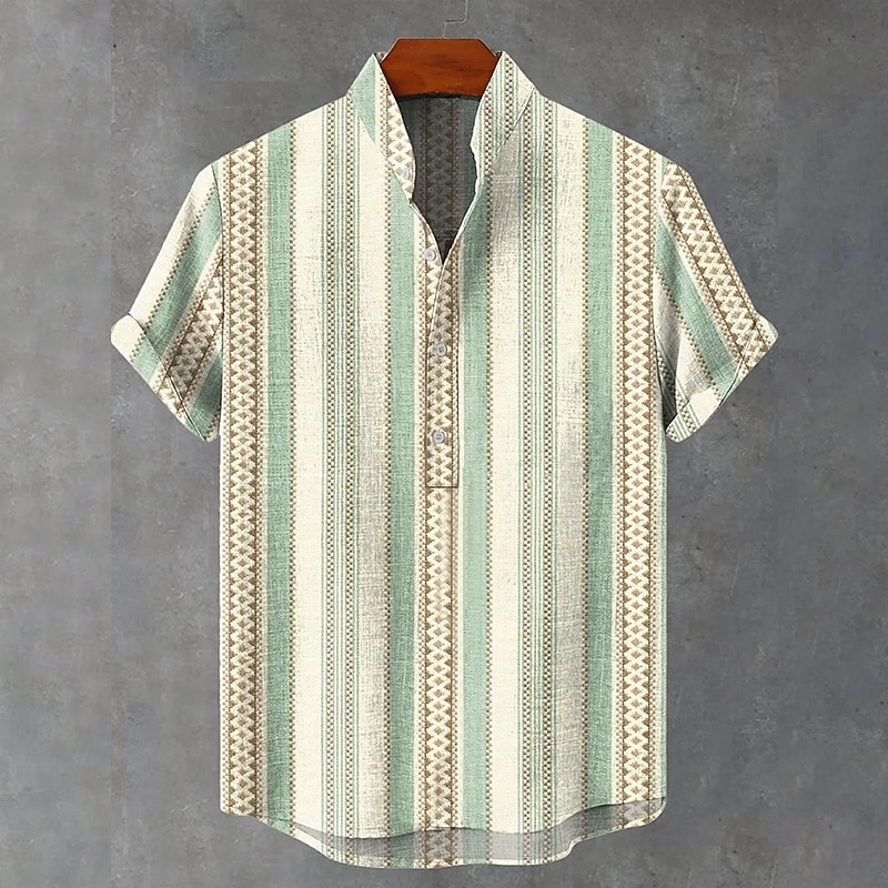 Men's Linen Shirt Popover Shirt Henley Shirt Retro Shirts Vintage Shirt Ethnic Shirt Stripe Vacation Casual Green Short Sleeve Mandarin Collar Summer Spring Clothing Apparel