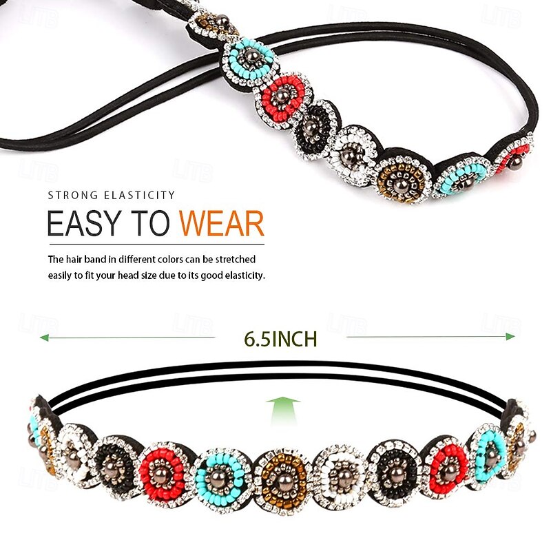 1PC Rhinestone Beaded Headband, Elastic Jewelry Hair Bands for Lady Women Girl Hair Accessories 20-26.8'' Multicolor2