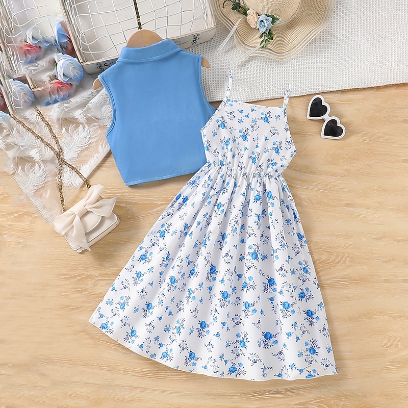 2 Pieces Kids Girls' Solid Color Tie Knot Dress Suits Set Sleeveless Fashion School 7-13 Years Summer Light Blue2