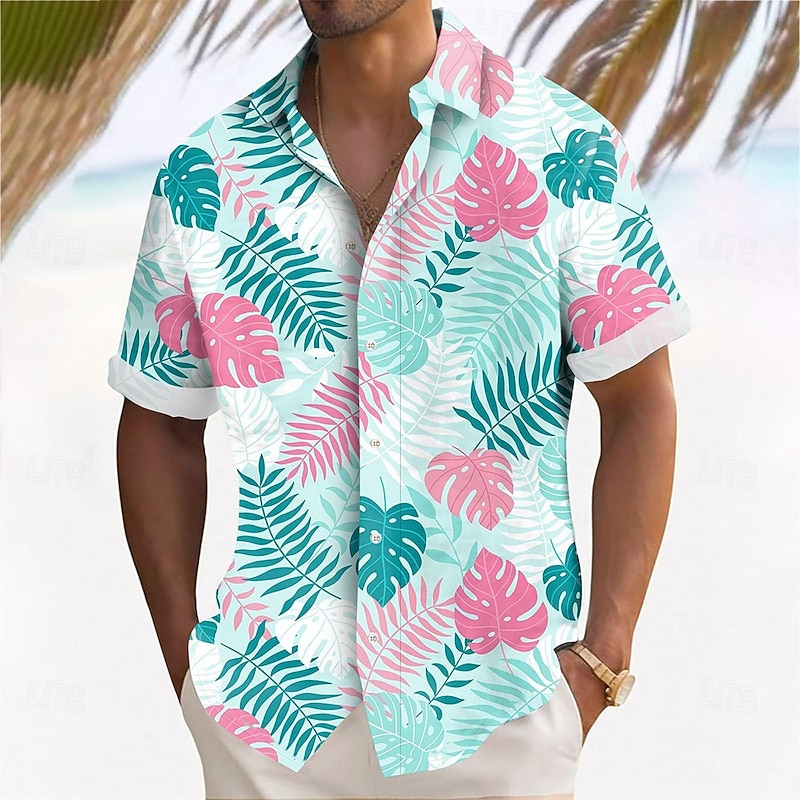 Men's Palm Leaf Tropical Plants Summer Hawaiian Shirt Button Up Shirt Aloha Shirt Short Sleeve Hawaiian Vacation Holiday Beach Wear Summer Spring Turndown 3D Print Collared Shirts Pink Blue - Main Image