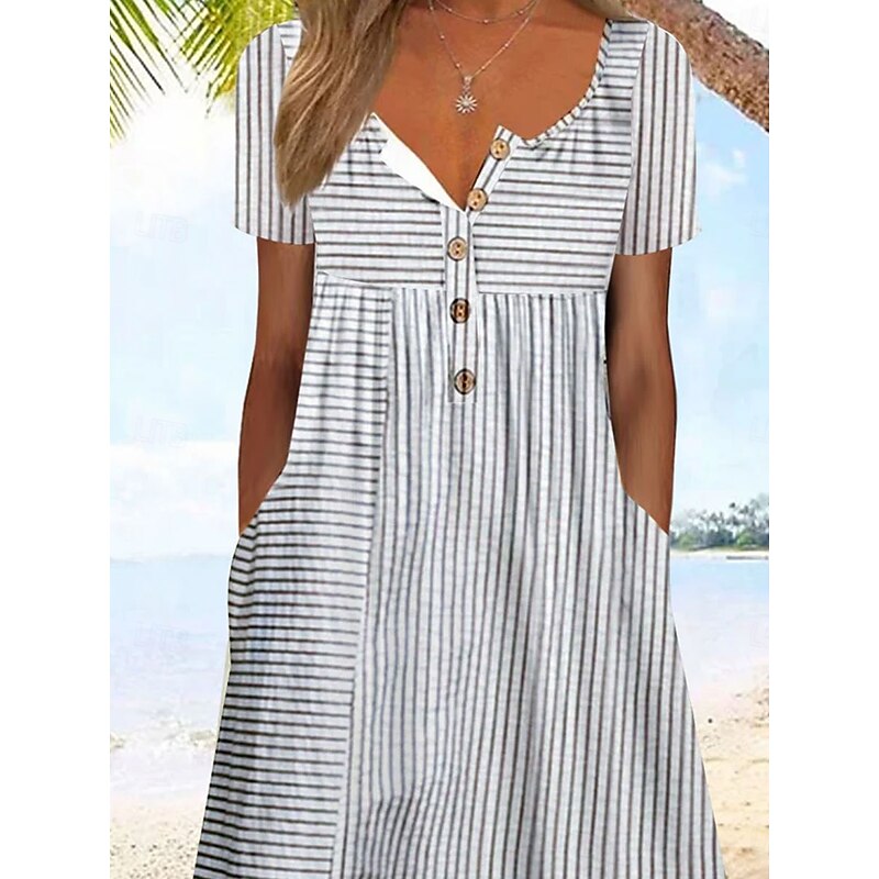 Women's Midi Dress Casual Dress Sundress A Line Dress Summer Dress Vacation Casual Beach Holiday Loose Fit Graphic Stripe Short Sleeve Crew Neck Blue Gray Summer2
