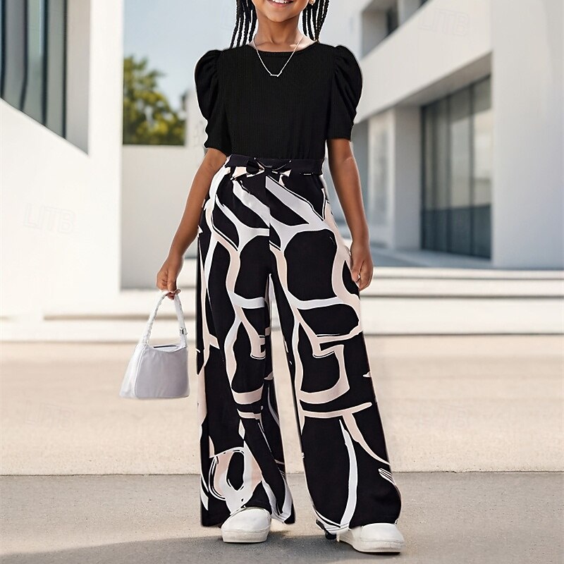 2 Pieces Kids Girls' Solid Color Puff Sleeve T-shirt & Pants Set Short Sleeve Fashion Outdoor 4 years+ Summer Black Red Green3