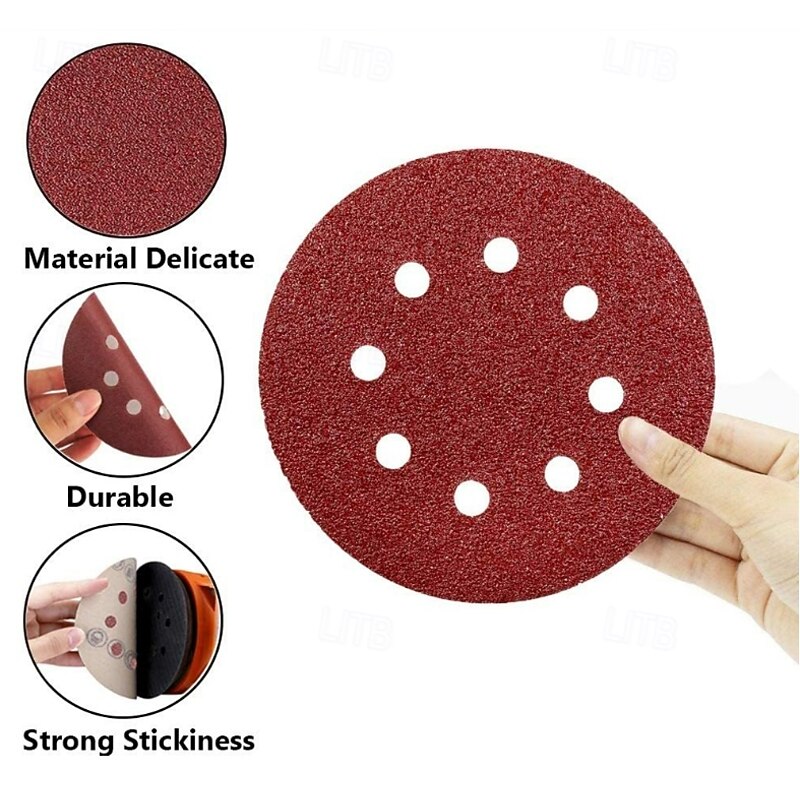 50 Pack 5 Inch 8-Hole Hook and Loop Sanding Discs Sandpaper Red Round 60-3000 Grit4