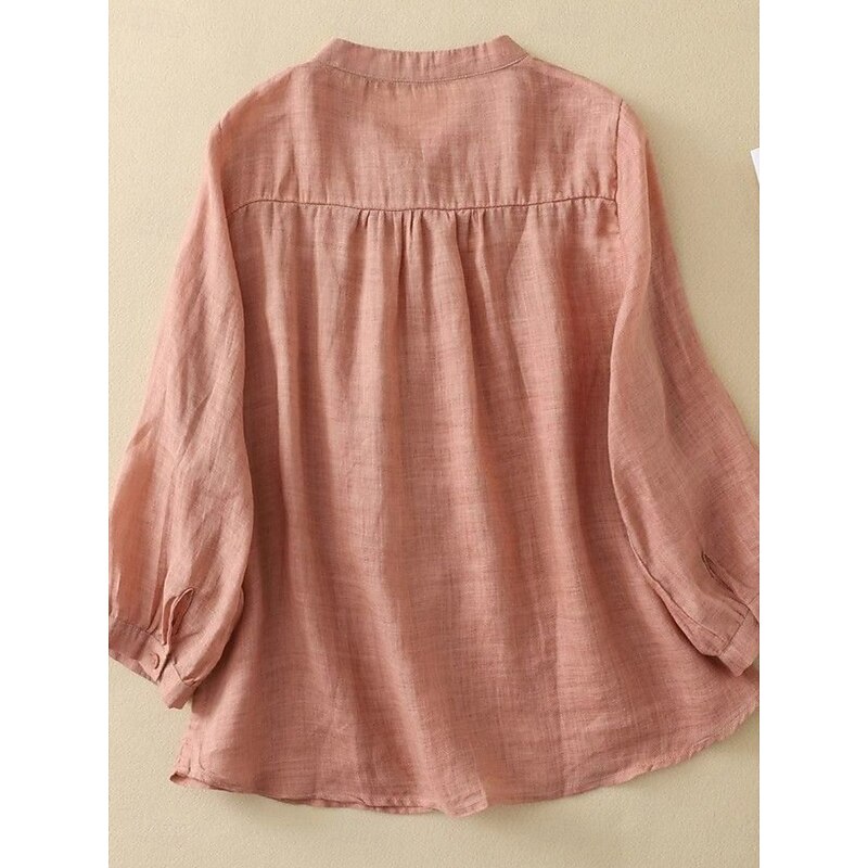 Women's Cotton Linen Shirts Solid Color Basic Casual Long Sleeve High Neck Regular Tops Daily Buttons Blue Purple Orange Khaki Gray Summer2