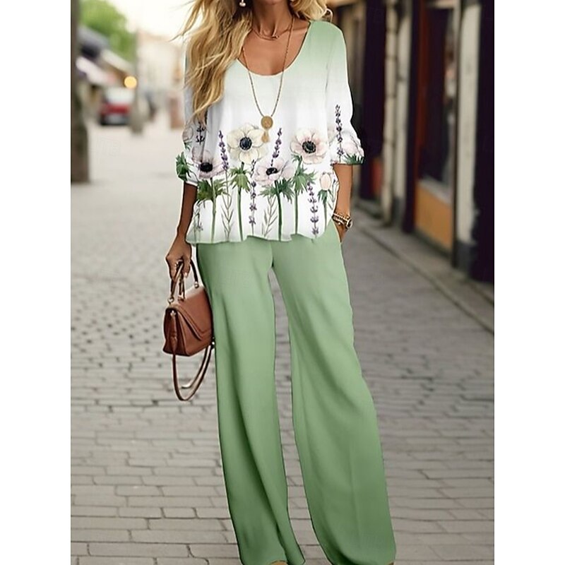 Women's Blouse 3/4 Length Sleeve U Neck Ombre Floral Graphic Print Outdoor Vacation Casual Black Light Green Sky Blue Summer Loose Fit3