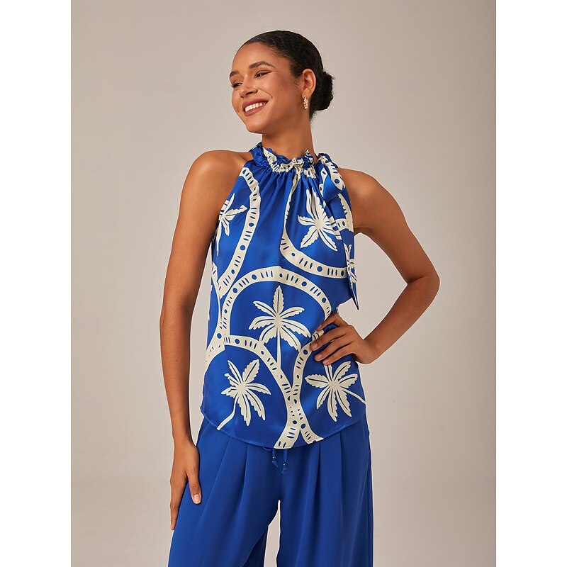 Geometric Print Sleeveless Top with Ruffle Tie Neck4