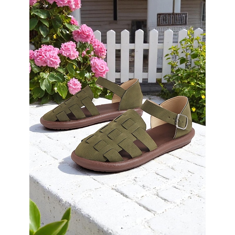 Women's Green Faux Leather Fisherman Shoes with Ankle Strap – Vintage Casual Flats for Garden, Patio and Summer Errands2