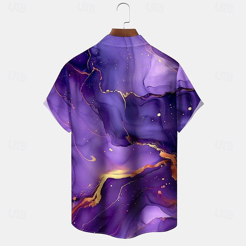 Men's Geometric Marble Abstract Art Shirt Summer Shirt Button Up Shirt Short Sleeve Fashion Casual Outdoor Vacation Dailywear Summer Spring Turndown 3D Print Collared Shirts Purple2