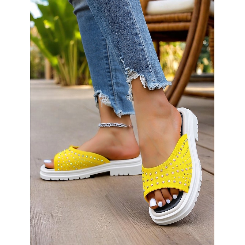 Women's Flyknit Sandals - Stylish Yellow Design with Comfortable Footbed, Ideal for Comfortable Walks and Summer Daily Wear