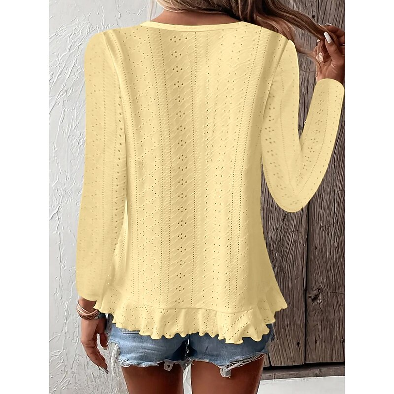 Women's Blouse Peplum Solid Color Stylish Casual Long Sleeve Crew Neck Regular Tops Daily Ruffle Eyelet White Yellow Blue Green Summer Spring2