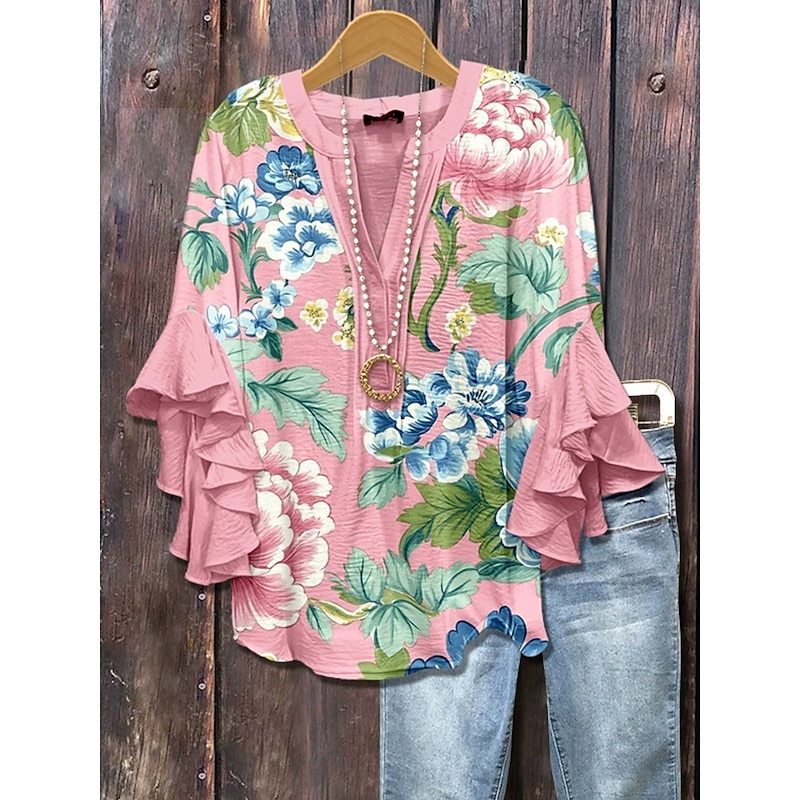 Women's Blouse V Neck Floral Graphic Leopard Elegant Bohemia Vintage 3/4 Length Sleeve Regular Tops Daily Holiday Vacation Wear Ruffle Print Blush Pink Light Green Pink Light Blue Summer Spring Fall2