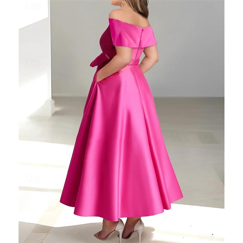 A-Line Cocktail Dresses Elegant Dress Wedding Guest Kentucky Tea Length Short Sleeve Off Shoulder Pocket Satin with Bow(s) Dresses2