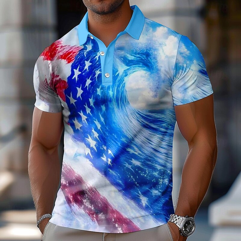 American Independence Day Men's American US Flag Polo Short Sleeve Polo Shirts Collared Shirts Casual Festival Outfit Buttons Summer Blue