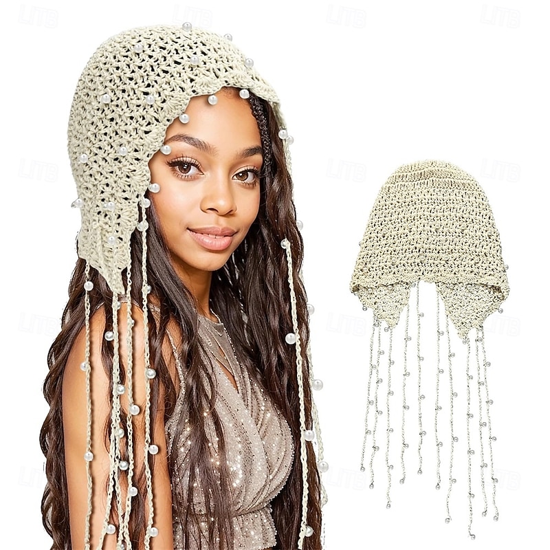 1pc Beige Color Retro Crochet Hollow Out Headband With Pearl And Tassel