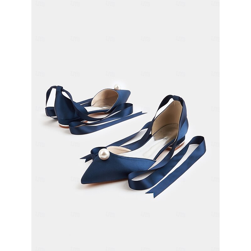 Women's Navy Satin Pointed Toe Flats - Pearl Embellished Ribbon Tie Dress Shoes for Elegant Evenings, Weddings, and Special Occasions4