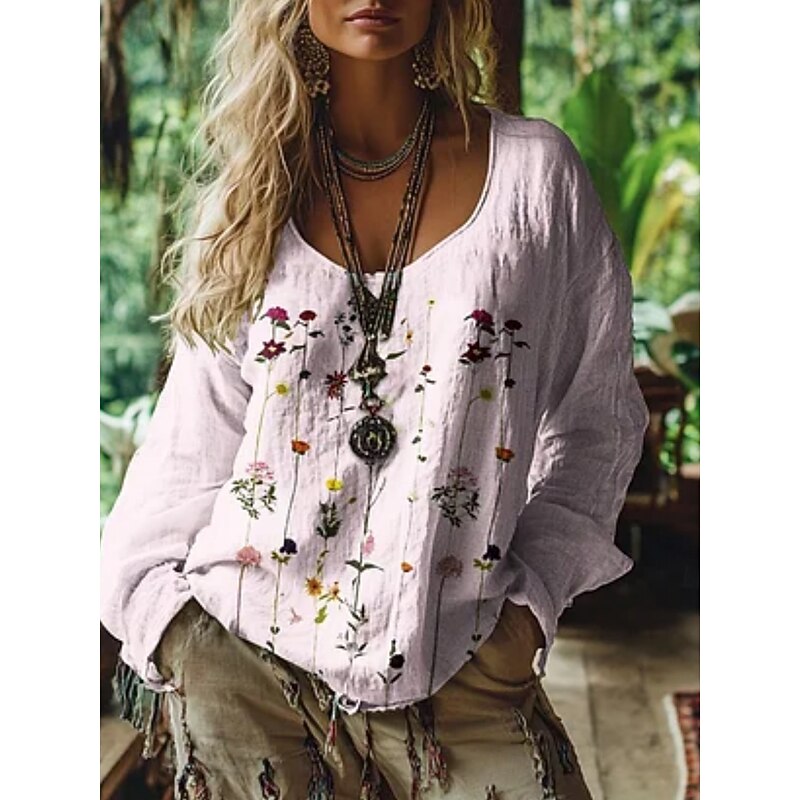Women's Western Blouse Boho Shirt Blouse Flower Modern Casual Long Sleeve V Neck Regular Tops Daily Holiday Going out Print White Pink Blue Summer Autumn2