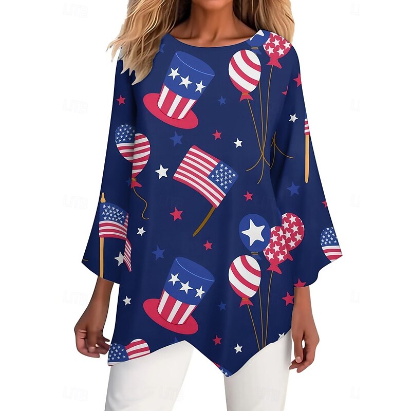 Women's Patriotic  Shirt Flag Stylish Casual 3/4 Length Sleeve Crew Neck Regular Tops Daily Print White Red Navy Blue Blue Summer Spring4