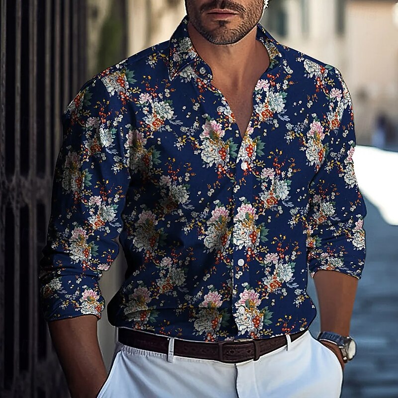 Men's Floral Print Flowers Shirt Button Up Shirt Casual Dress Shirt Long Sleeve Fashion Casual Formal Vacation Dailywear Summer Spring Turndown 3D Print Collared Shirts Red Blue Green Dark Blue3