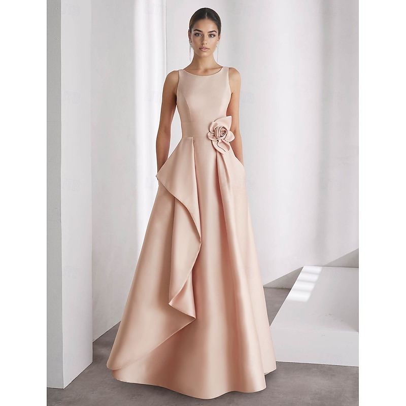 A-Line Evening Gown Elegant Dress Formal Wedding Floor Length Sleeveless Off Shoulder Pocket Satin with Ruffles2