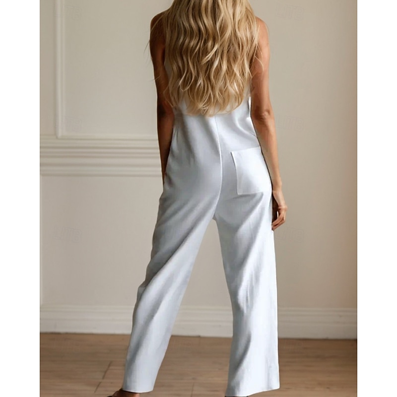 Women's Normal Jumpsuit Streetwear Solid Color Sleeveless Shirt Collar Buttons Pocket Street Daily Regular Fit White Summer2