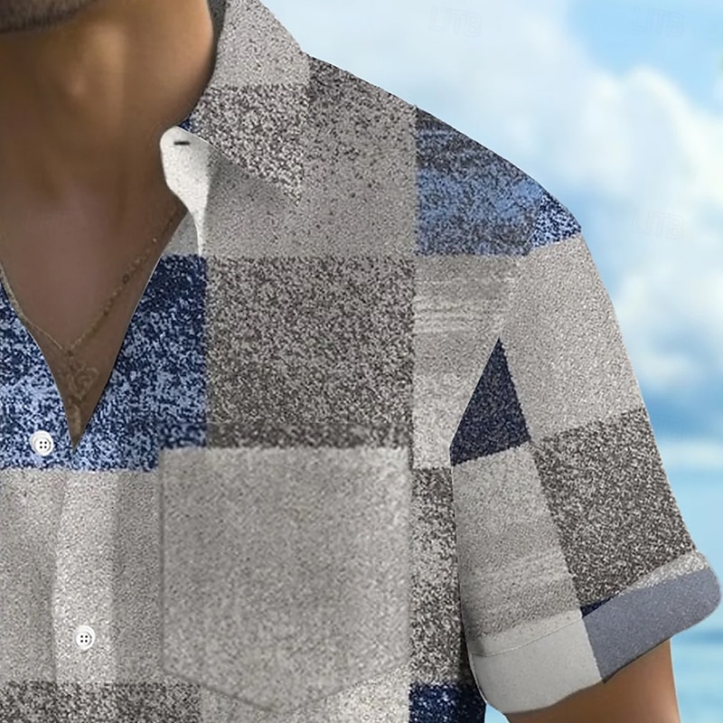 Men's Geometric Color Block Grid / Plaid Shirt Summer Shirt Button Up Shirt Short Sleeve Fashion Casual Vacation Holiday Streetwear Summer Turndown 3D Print Front One Pocket Linen Like Shirt Green2