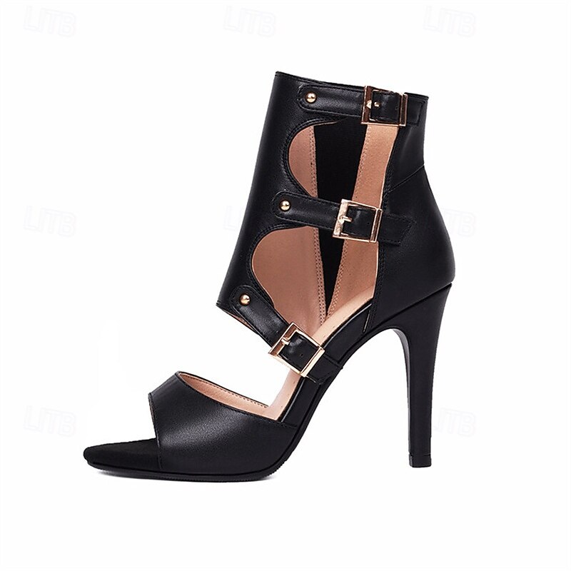 Women's White Stiletto Heel Sandals with Cutout Design and Buckle Straps, Elegant Peep Toe High Heels for Parties, Evening Events, and Chic Night Out Looks2