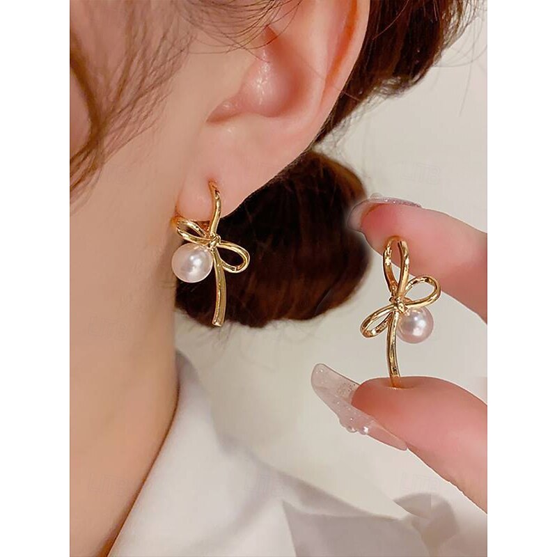 Women's Elegant Bow Knot Pearl Drop Earrings – Dainty Gold or Silver Plated Studs for Romantic Dates, Weddings and Daily Wear