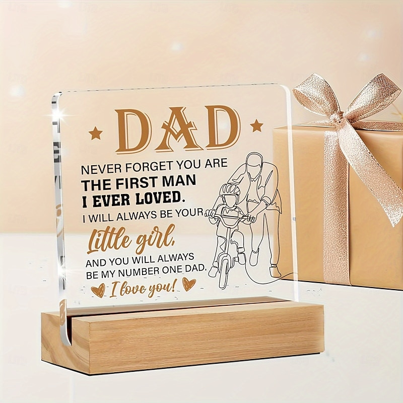 Dad Gift from Daughter, Vertical Acrylic Plaque with Wooden Base, Heartfelt Father's Day or Christmas Gift, No Power Needed, No Feather3